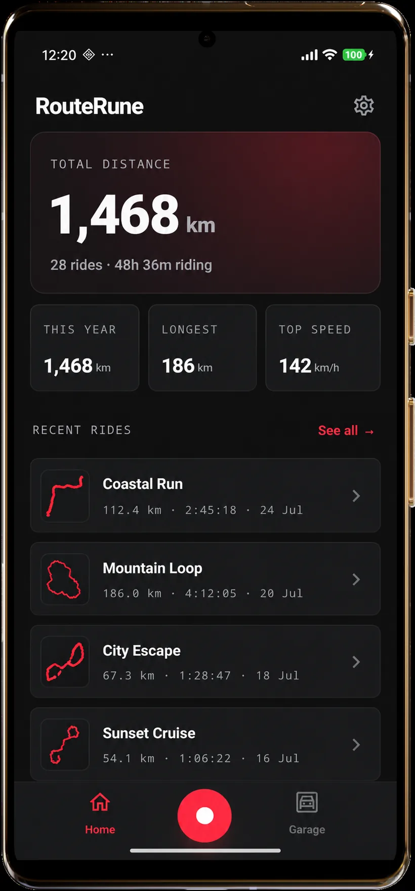 RouteRune home dashboard with total distance, tiles, and recent rides