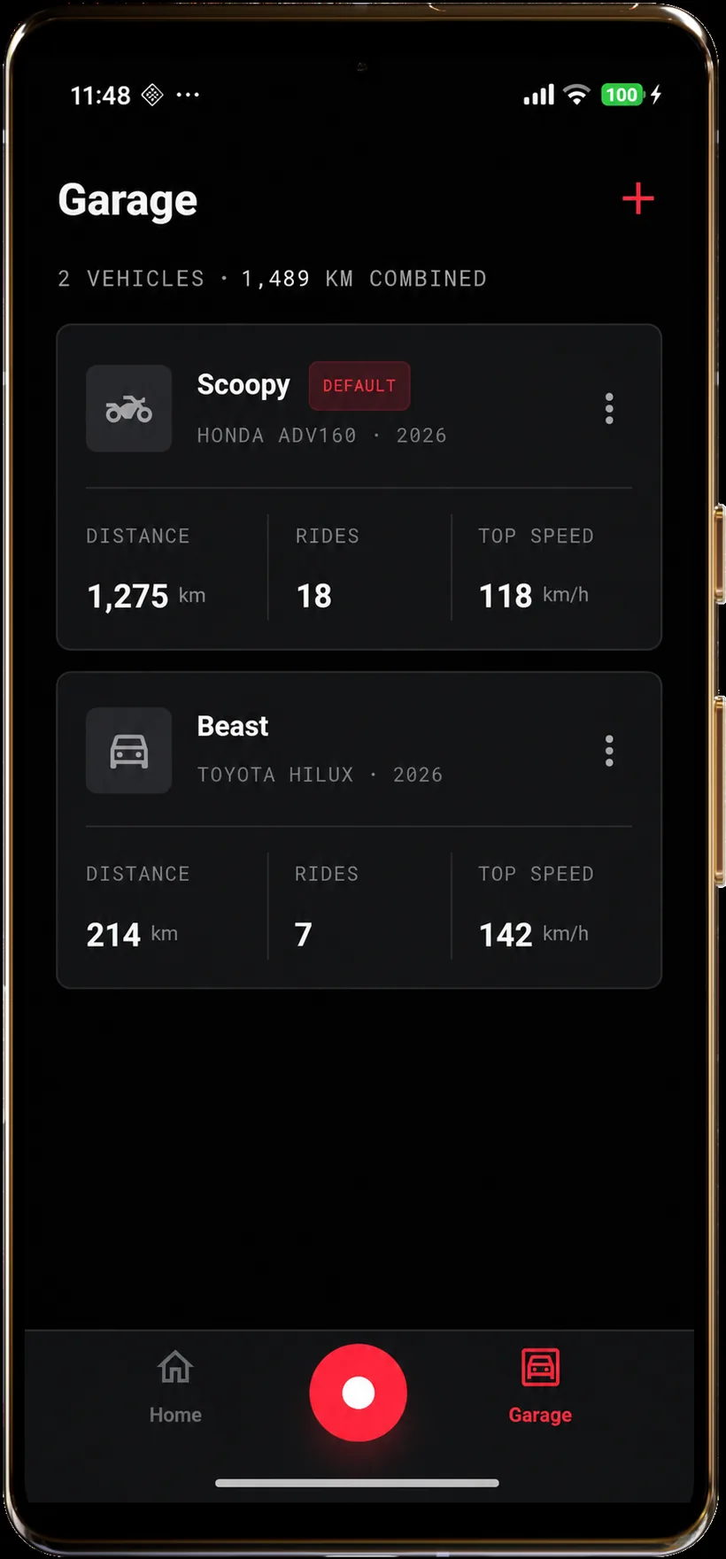 The garage — vehicles with per-vehicle distance, rides and top speed