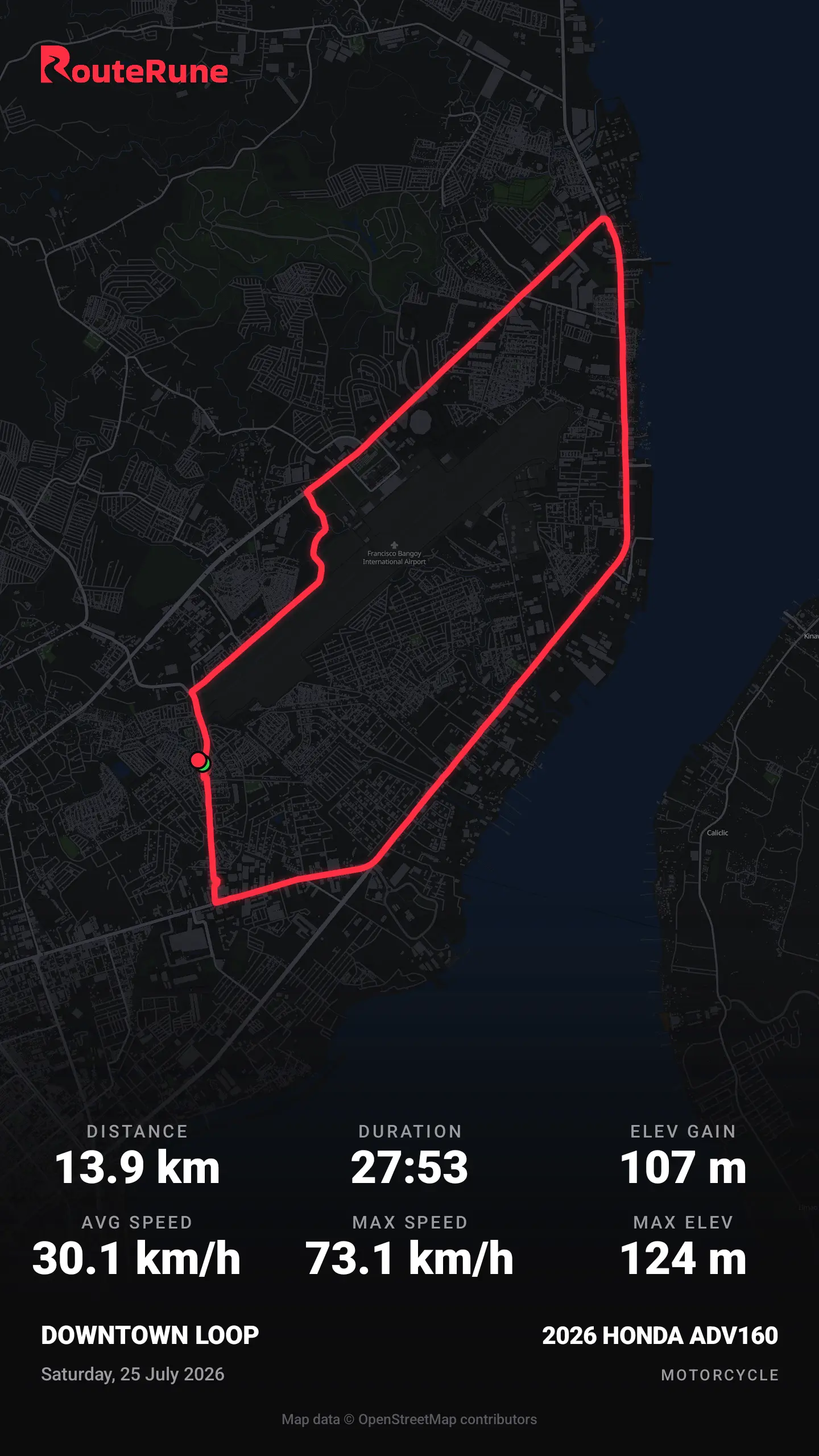 A RouteRune poster export — a red route over a dark map with distance, duration and speed stats