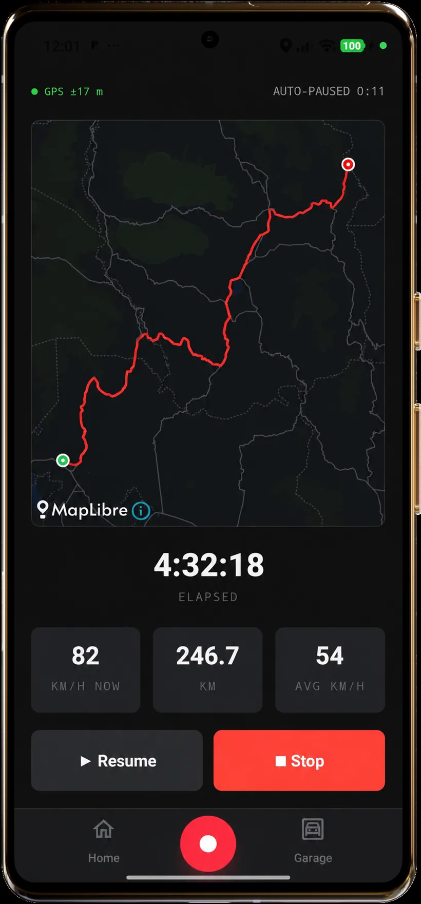 Recording a ride — a live map with the route drawing in red, plus speed and distance
